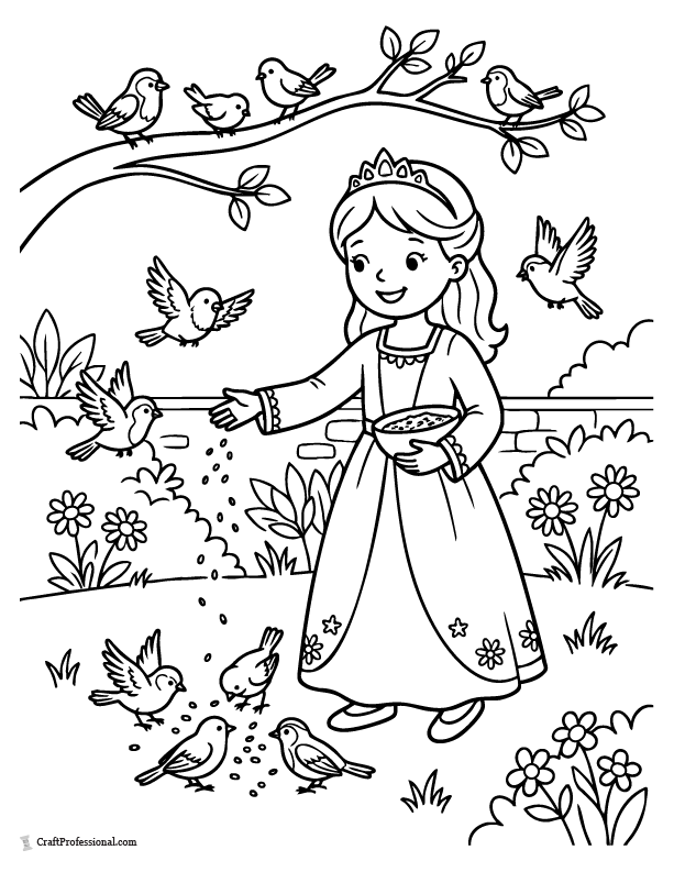 Princess coloring page feeding birds