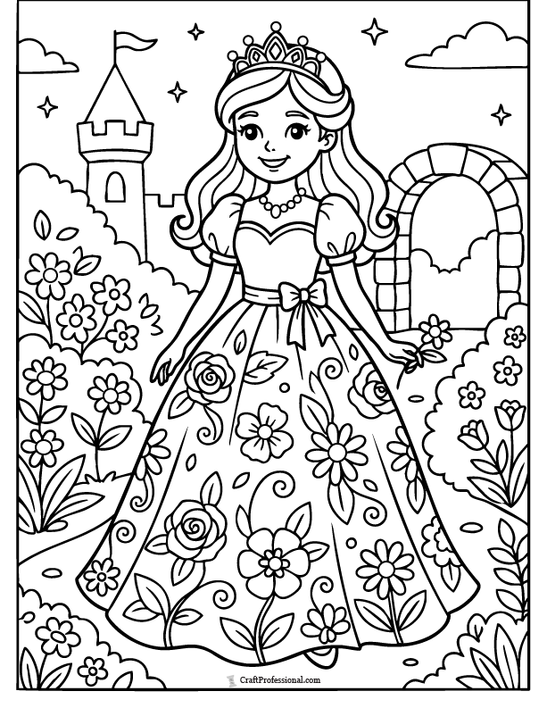 Princess coloring page wearing a floral gown
