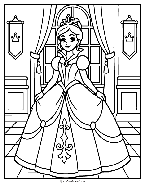 Princess coloring page wearing a high-collar royal gown