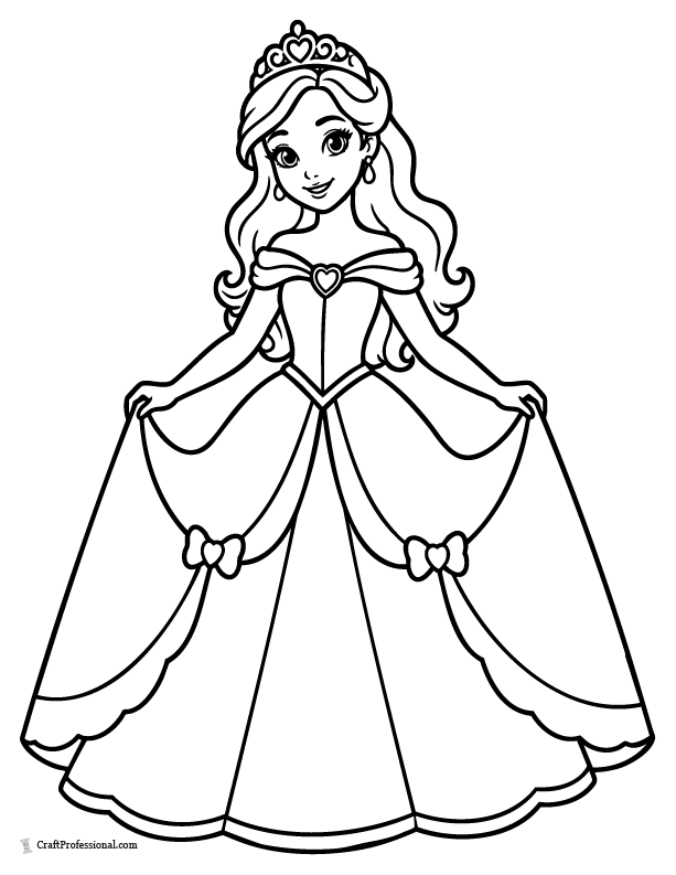 Princess coloring page holding the sides of her dress in a royal gown pose