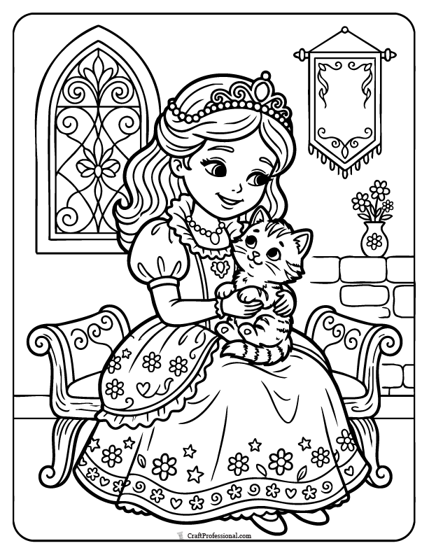 Princess coloring page holding a kitten
