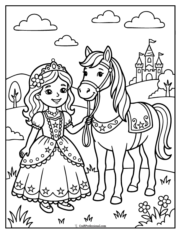 Princess coloring page with a horse