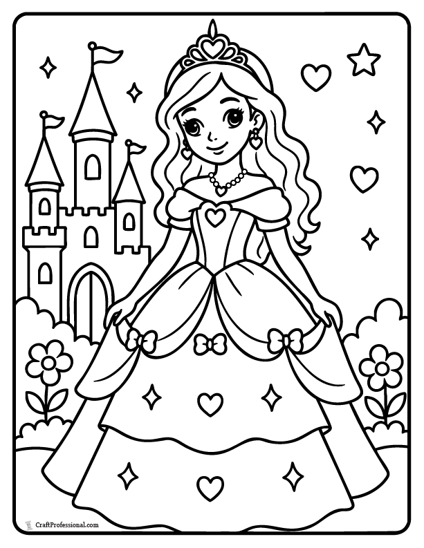 Princess coloring page with a multi-layered skirt