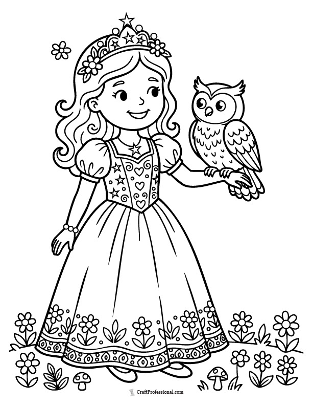 Princess coloring page with an owl on her arm