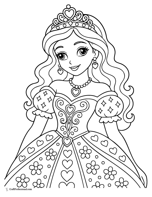 Princess coloring page close-up with patterned gown