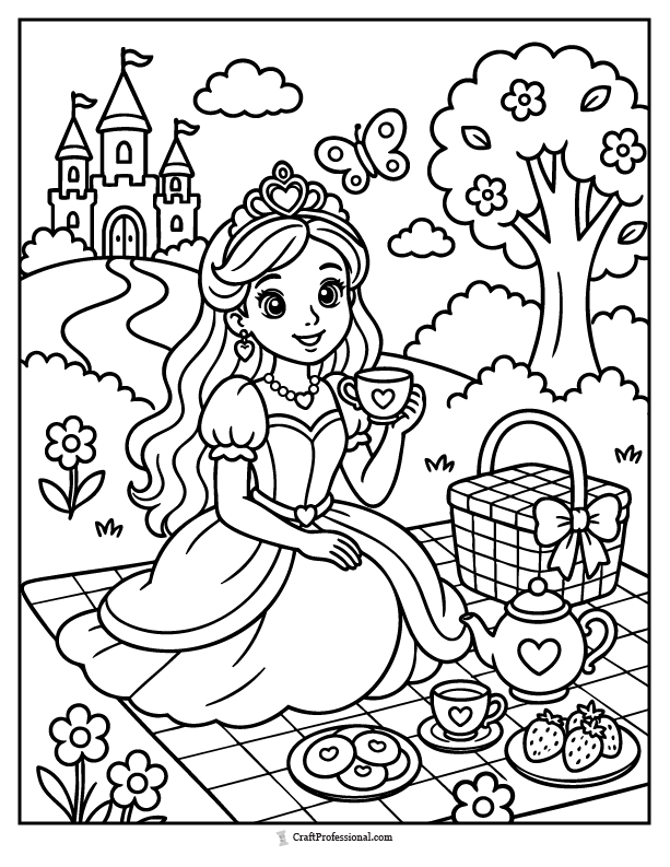 Princess coloring page in a picnic setting