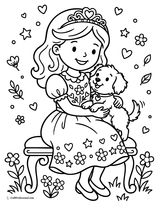 Princess coloring page with a puppy