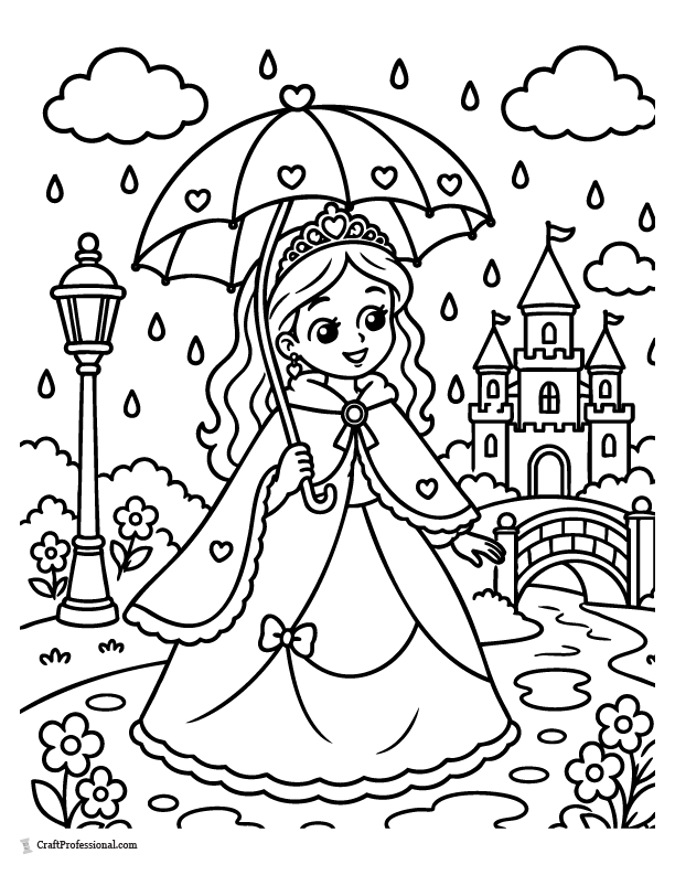 Princess coloring page in a rainy day scene
