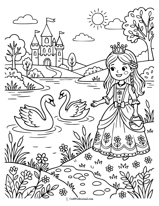 Princess coloring page with swans by a lake