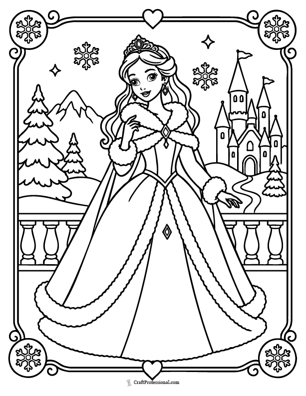 Princess coloring page wearing a winter fur-lined gown