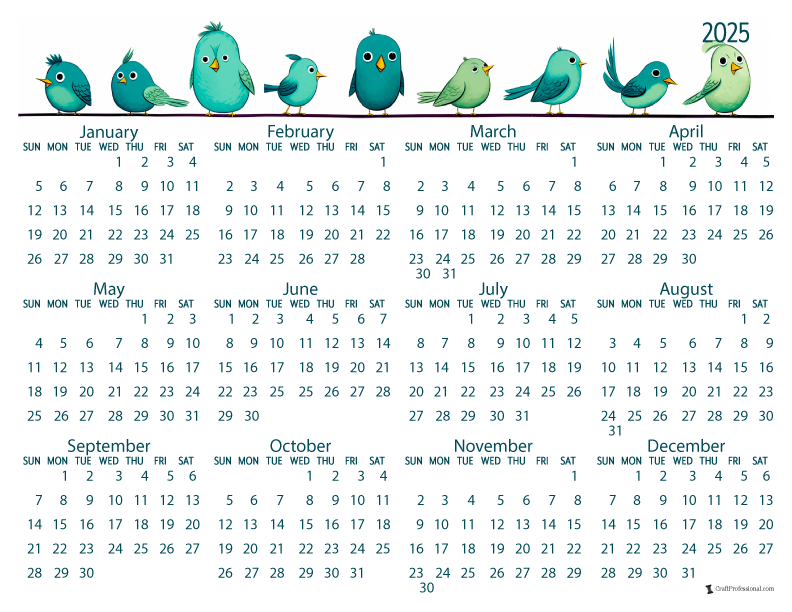 Printable yearly calendar, cute birds design