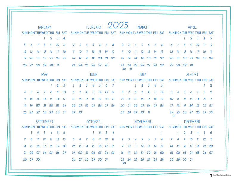 Printable yearly calendar, simple frame design