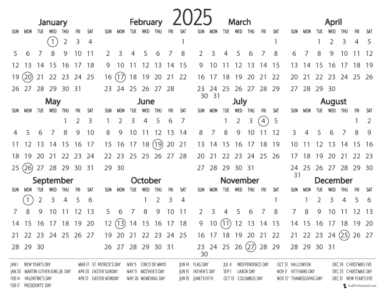 Printable yearly calendar, simple design with holidays