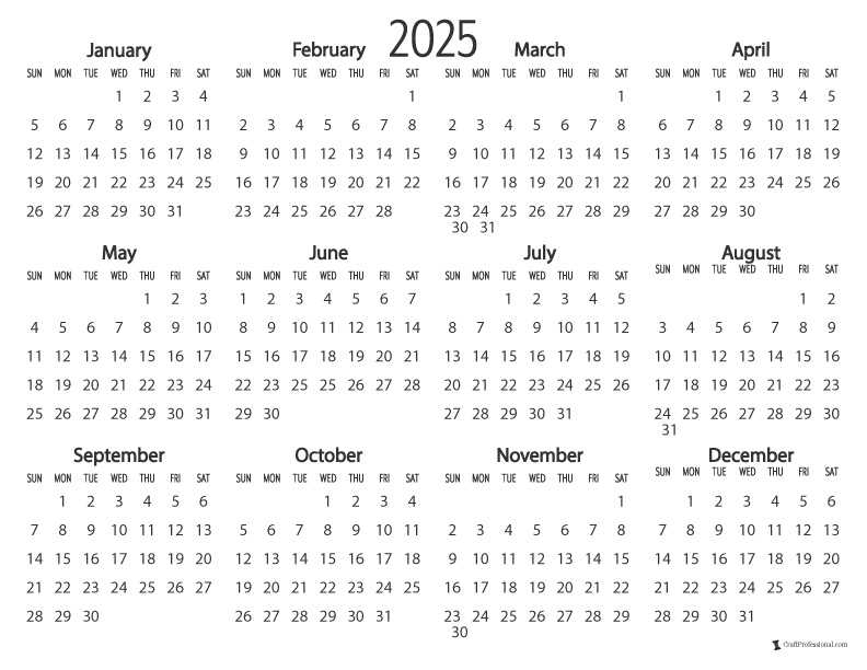Printable yearly calendar, simple design
