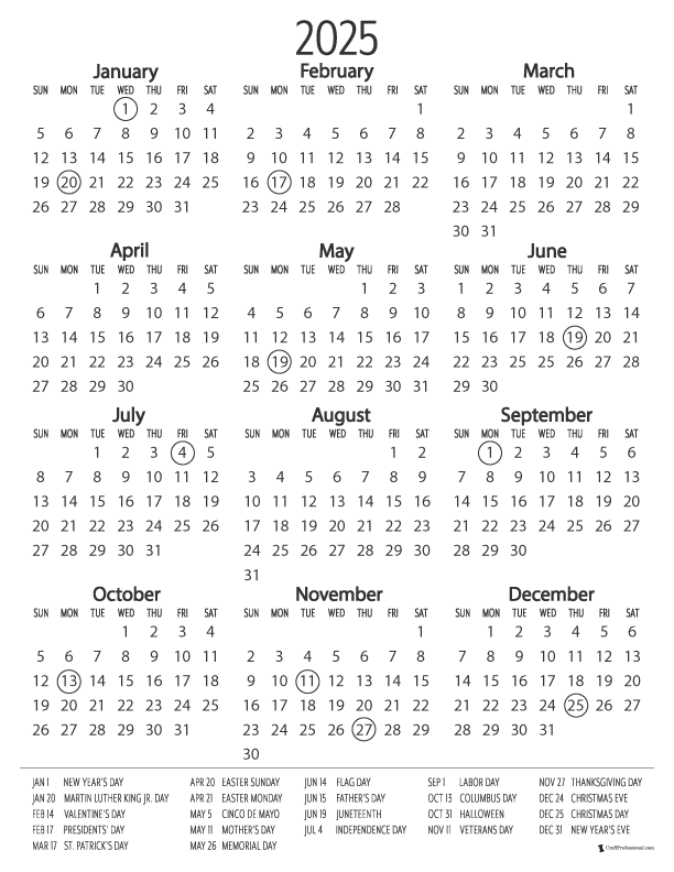 Printable yearly calendar, simple design, vertical with holidays