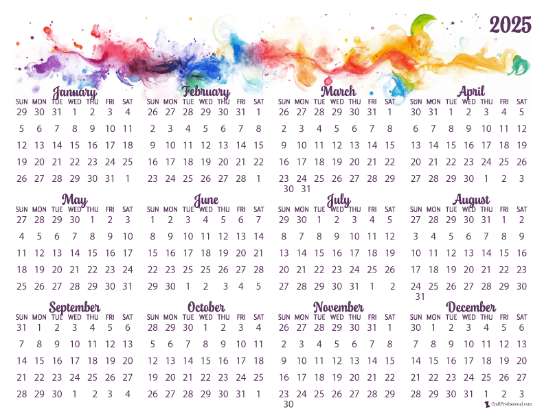 Printable yearly calendar, rainbow colored, watercolor design