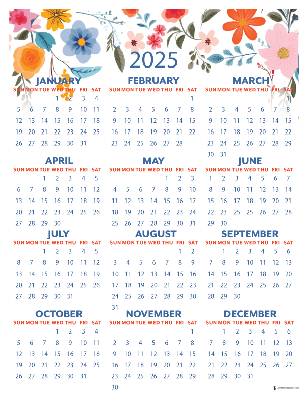 Printable yearly calendar, vertical folk art design
