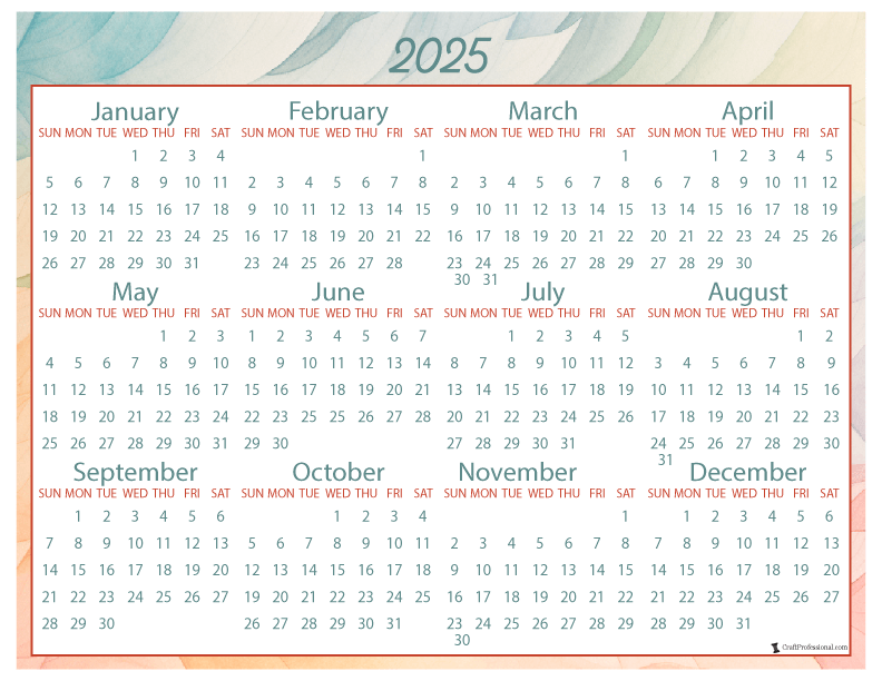 Printable yearly calendar, watercolor design