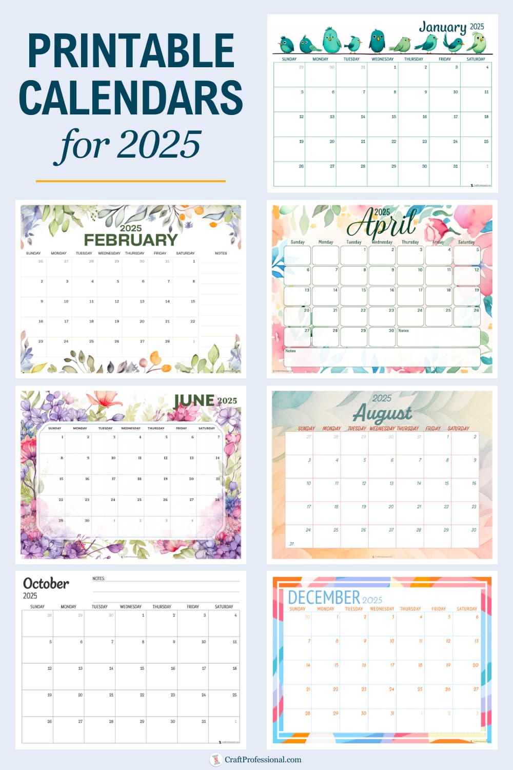 2025 Calendar Printable Pages - Free Monthly Planners