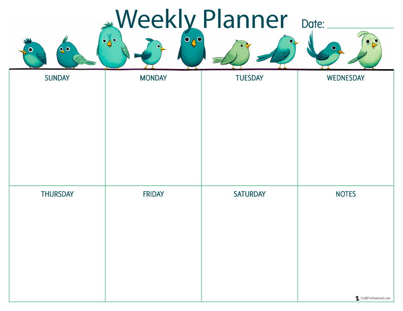 Weekly printable planners, cute bird designs