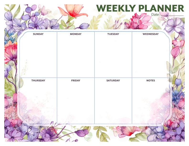 Weekly printable planners, purple floral design