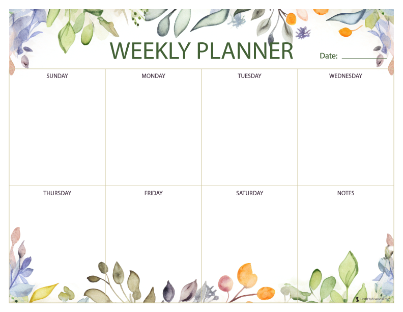 Weekly printable planners, floral design with notes