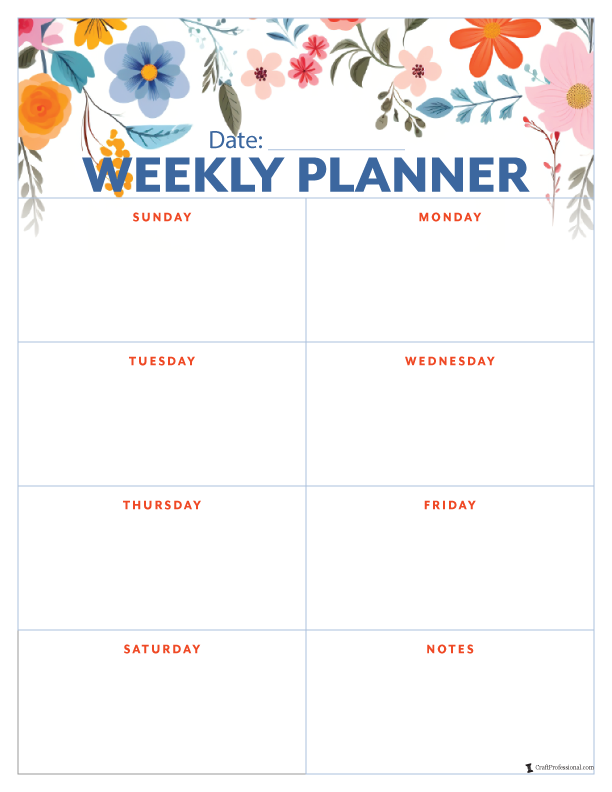 Weekly printable planners, vertical folk art design