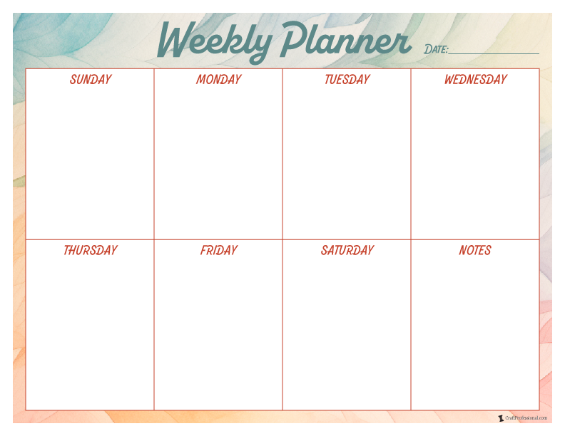Printable weekely planner with notes, watercolor design