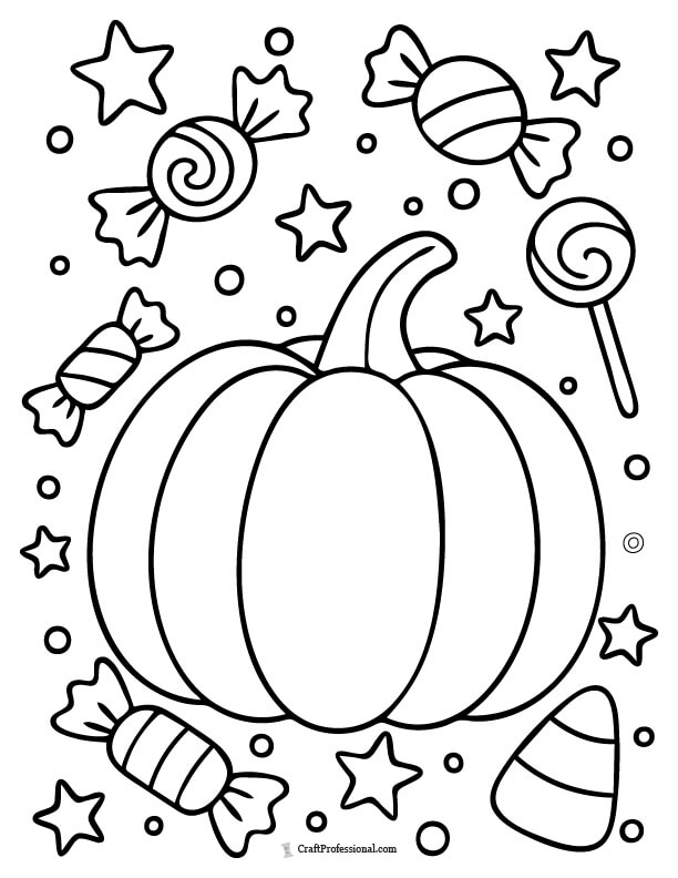 Pumpkin surrounded by candy and stars coloring page