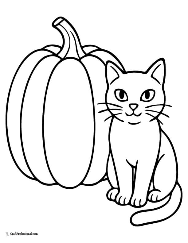 Pumpkin with a cat sitting beside it coloring page