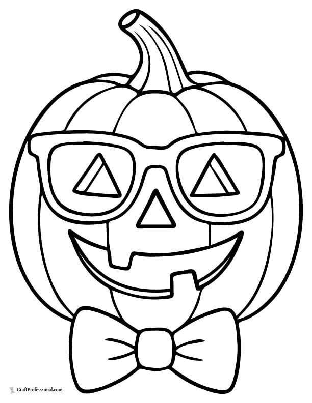Smiling jack o'lantern wearing a bow tie and glasses, coloring page