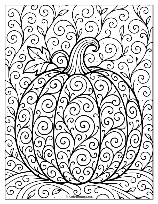 Pumpkin filled with and surrounded by intricate swirling vines coloring page