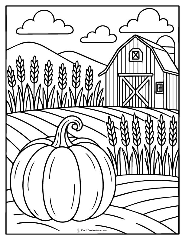 Pumpkin next to a barn with wheat fields coloring pages