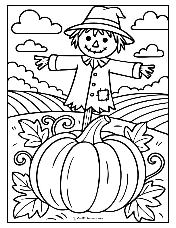 Pumpkin in a field with a scarecrow in the background coloring page