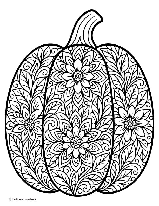 Pumpkin filled with detailed floral motifs coloring page