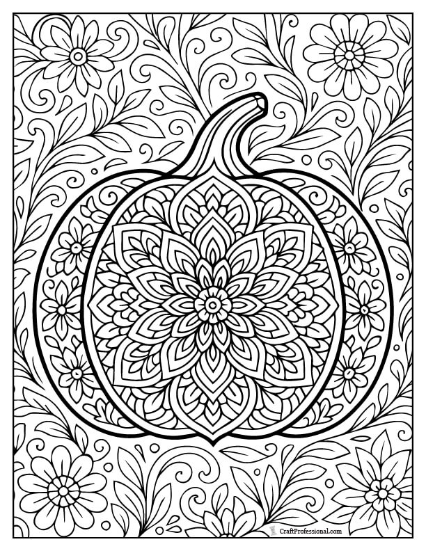 Pumpkin filled with and surrounded by detailed floral motifs, detailed coloring page