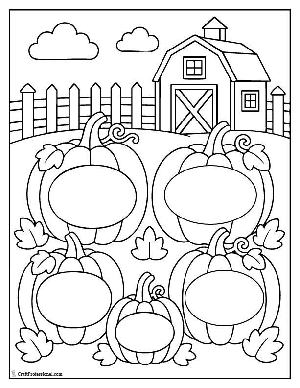 Thanksgiving pumpkin patch coloring page with blank spaces inside the pumpkins for writing words of gratitude.