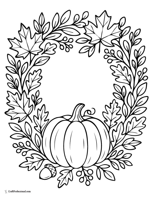 Fall wreath with pumpkin centerpiece coloring page