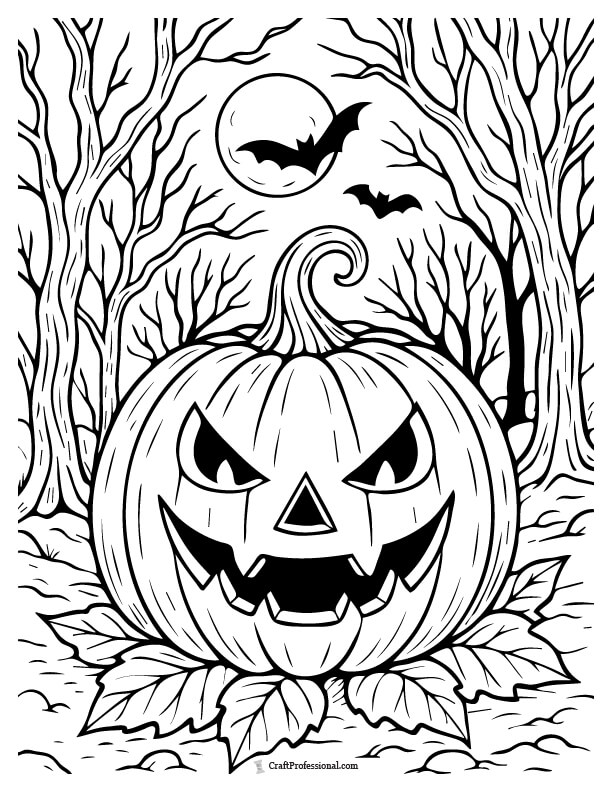 Jack o'lantern in a spooky forest with leaves, trees, a full moon, and bats flying overhead, detailed coloring page
