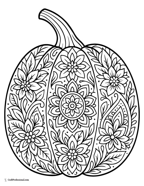 Pumpkin-shaped mandala with detailed floral motifs coloring sheet