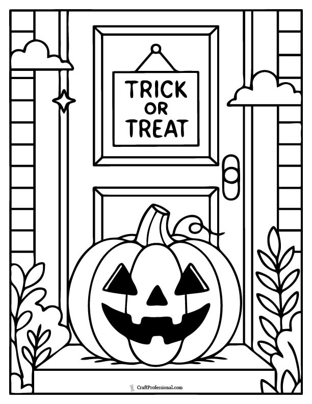 Jack o'lantern sitting on a doorstep in front of a door with a sign that reads "trick or treat" on the door coloring sheet