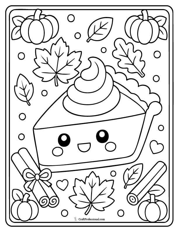 Cute slice of pumpkin pie Thanksgiving coloring page.