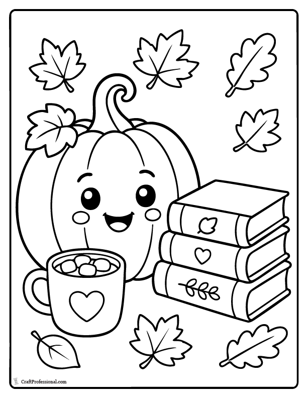 Smiling pumpkin reading coloring page with a stack of books for fall classroom activities.