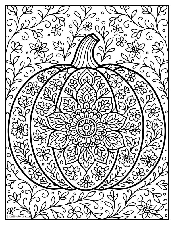 Pumpkin filled with and surrounded by intricate swirling floral patterns coloring page