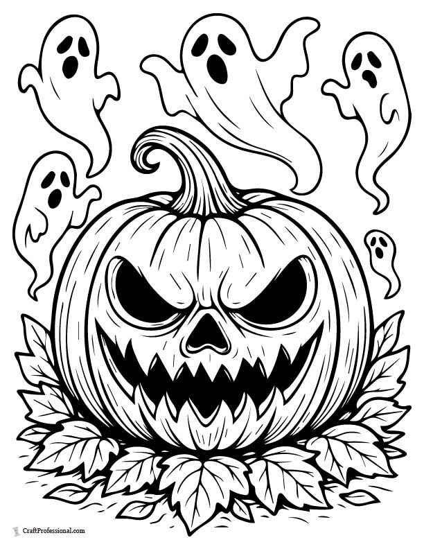 Evil jack o'lantern surrounded by ghosts, coloring sheet