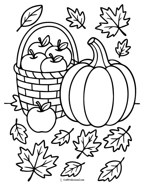 Pumpkin beside a basket that is filled with apples and surrounded by fall leaves coloring sheet
