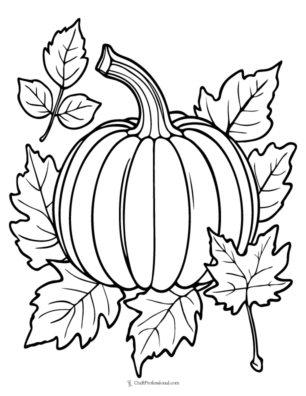Pumpkin surrounded by fall leaves coloring page