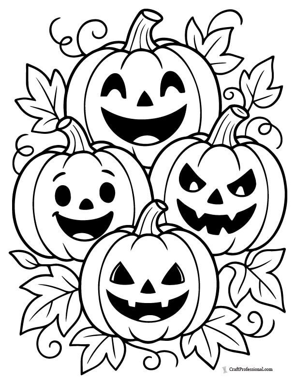 Four jack-o-lanterns amid leaves and vines, coloring sheet