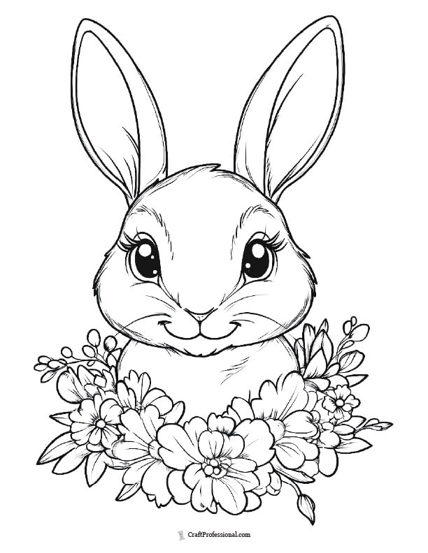 Rabbit with floral wreath coloring sheet