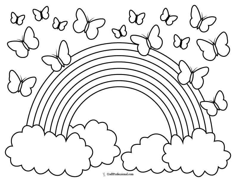 Rainbow and clouds surrounded by butterflies coloring page